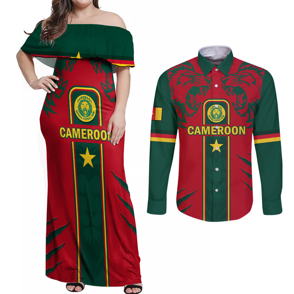 Custom Cameroon Football Couples Matching Off Shoulder Maxi Dress and Long Sleeve Button Shirt 2024 African Nations Go Champions Lion Style