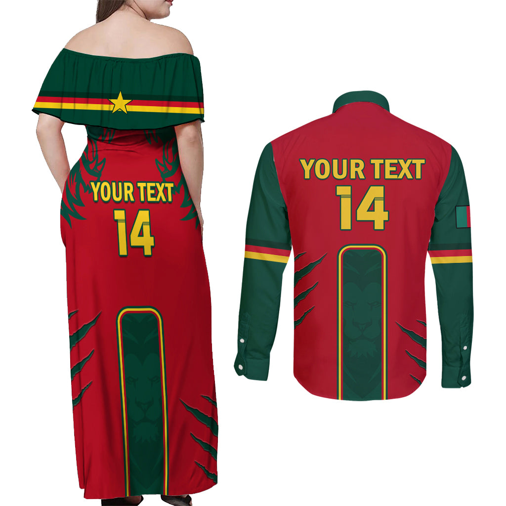 Custom Cameroon Football Couples Matching Off Shoulder Maxi Dress and Long Sleeve Button Shirt 2024 African Nations Go Champions Lion Style - Wonder Print Shop