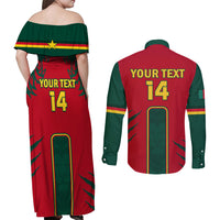 Custom Cameroon Football Couples Matching Off Shoulder Maxi Dress and Long Sleeve Button Shirt 2024 African Nations Go Champions Lion Style - Wonder Print Shop