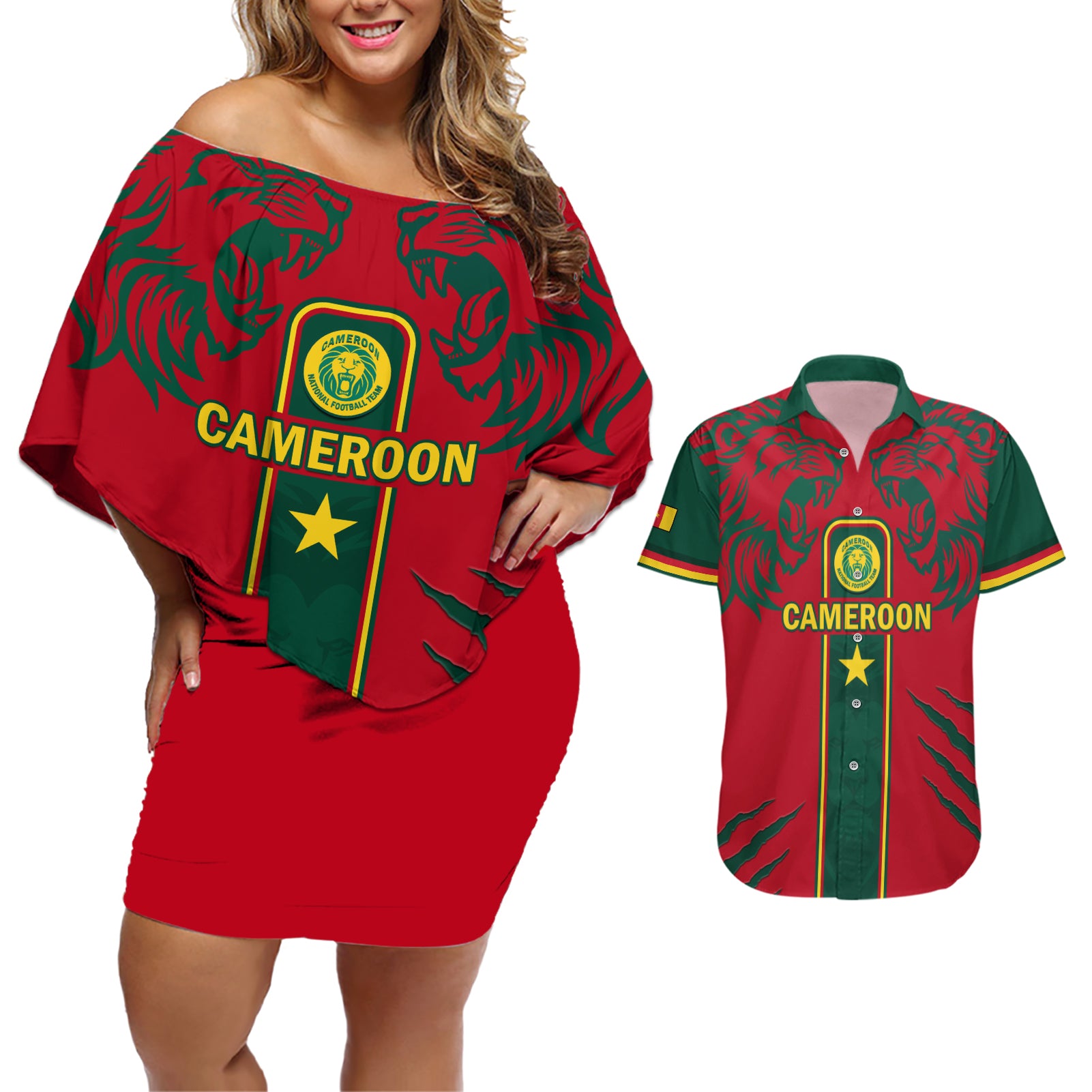 Custom Cameroon Football Couples Matching Off Shoulder Short Dress and Hawaiian Shirt 2024 African Nations Go Champions Lion Style