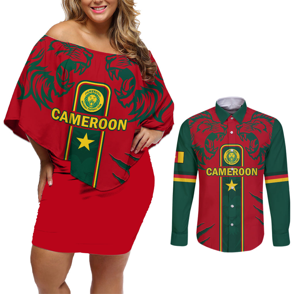 Custom Cameroon Football Couples Matching Off Shoulder Short Dress and Long Sleeve Button Shirt 2024 African Nations Go Champions Lion Style - Wonder Print Shop