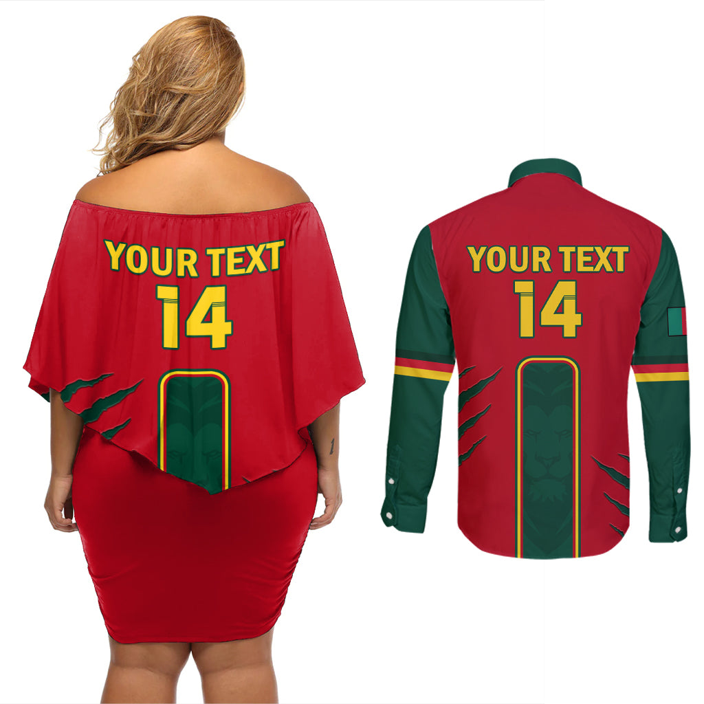 Custom Cameroon Football Couples Matching Off Shoulder Short Dress and Long Sleeve Button Shirt 2024 African Nations Go Champions Lion Style - Wonder Print Shop