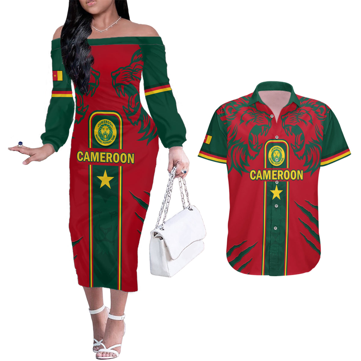 Custom Cameroon Football Couples Matching Off The Shoulder Long Sleeve Dress and Hawaiian Shirt 2024 African Nations Go Champions Lion Style - Wonder Print Shop