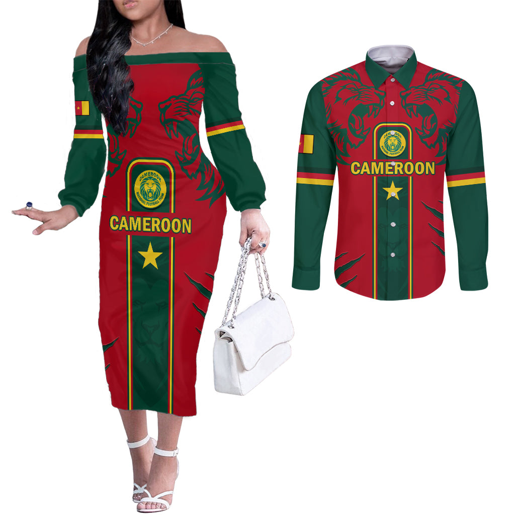 Custom Cameroon Football Couples Matching Off The Shoulder Long Sleeve Dress and Long Sleeve Button Shirt 2024 African Nations Go Champions Lion Style