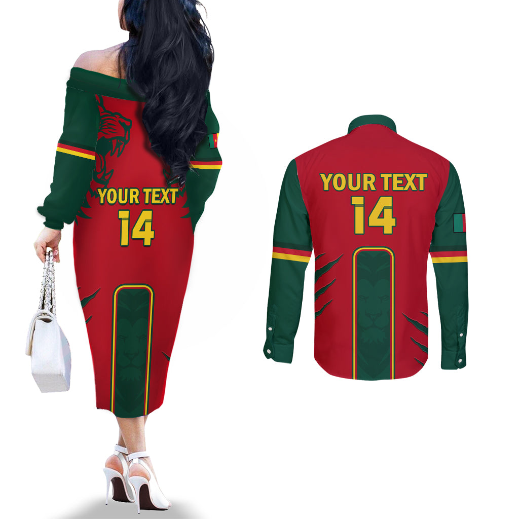 Custom Cameroon Football Couples Matching Off The Shoulder Long Sleeve Dress and Long Sleeve Button Shirt 2024 African Nations Go Champions Lion Style