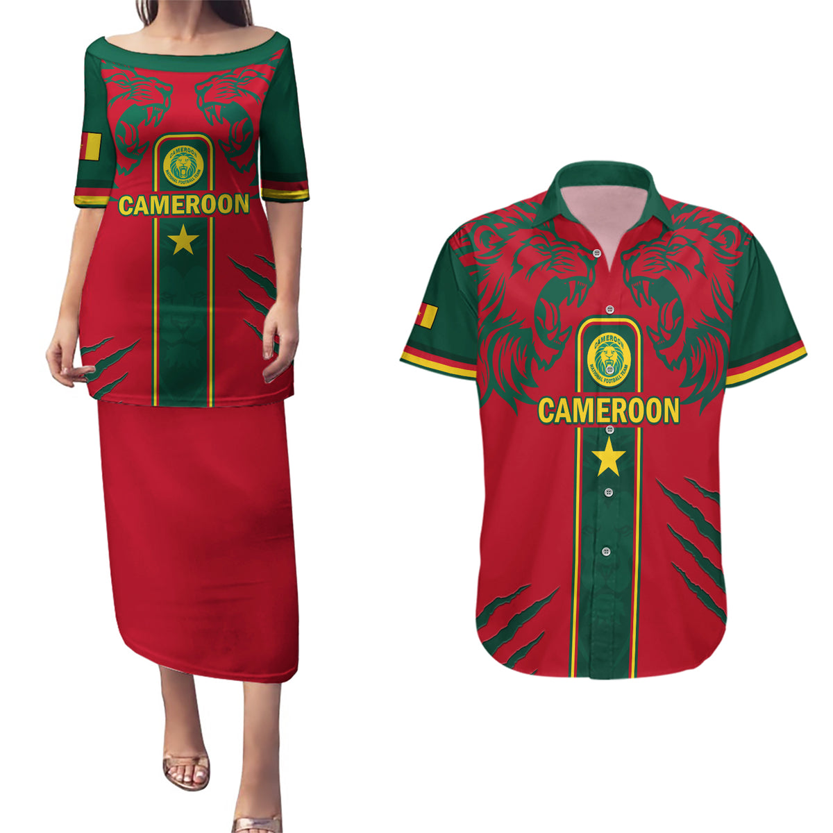 Custom Cameroon Football Couples Matching Puletasi and Hawaiian Shirt 2024 African Nations Go Champions Lion Style - Wonder Print Shop
