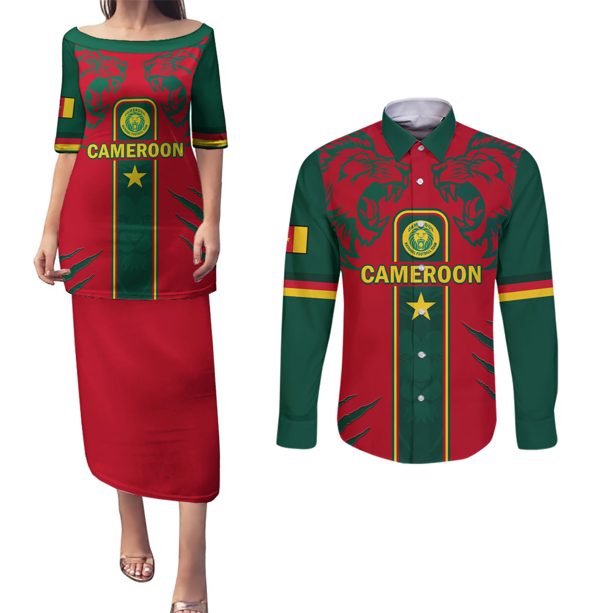 Custom Cameroon Football Couples Matching Puletasi and Long Sleeve Button Shirt 2024 African Nations Go Champions Lion Style - Wonder Print Shop