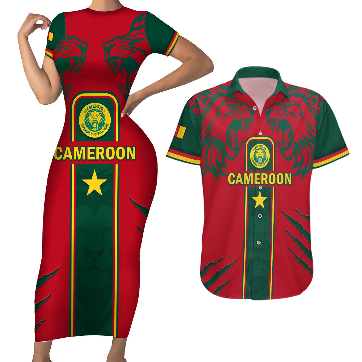 Custom Cameroon Football Couples Matching Short Sleeve Bodycon Dress and Hawaiian Shirt 2024 African Nations Go Champions Lion Style - Wonder Print Shop