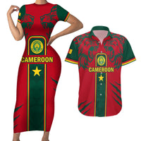 Custom Cameroon Football Couples Matching Short Sleeve Bodycon Dress and Hawaiian Shirt 2024 African Nations Go Champions Lion Style - Wonder Print Shop
