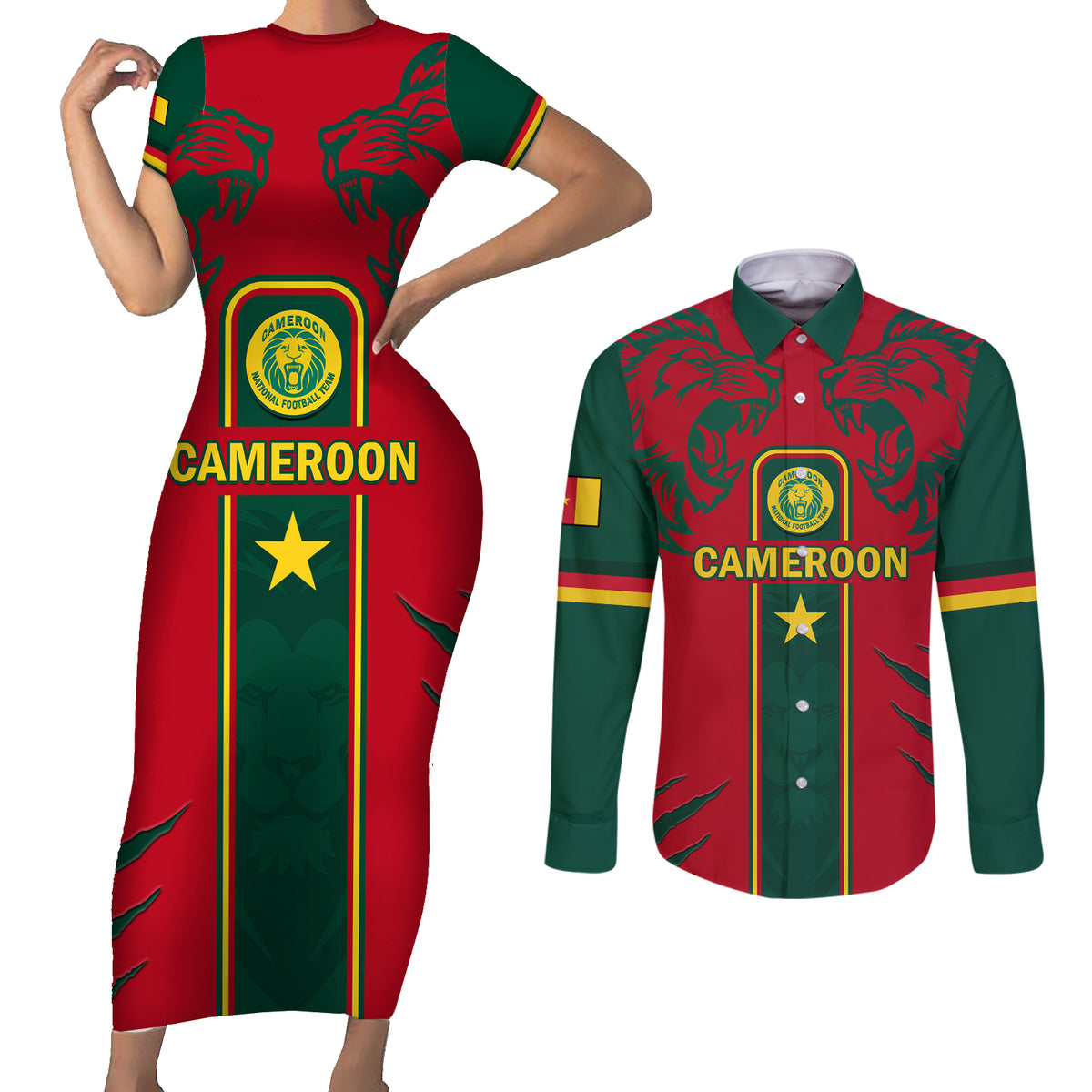 Custom Cameroon Football Couples Matching Short Sleeve Bodycon Dress and Long Sleeve Button Shirt 2024 African Nations Go Champions Lion Style - Wonder Print Shop