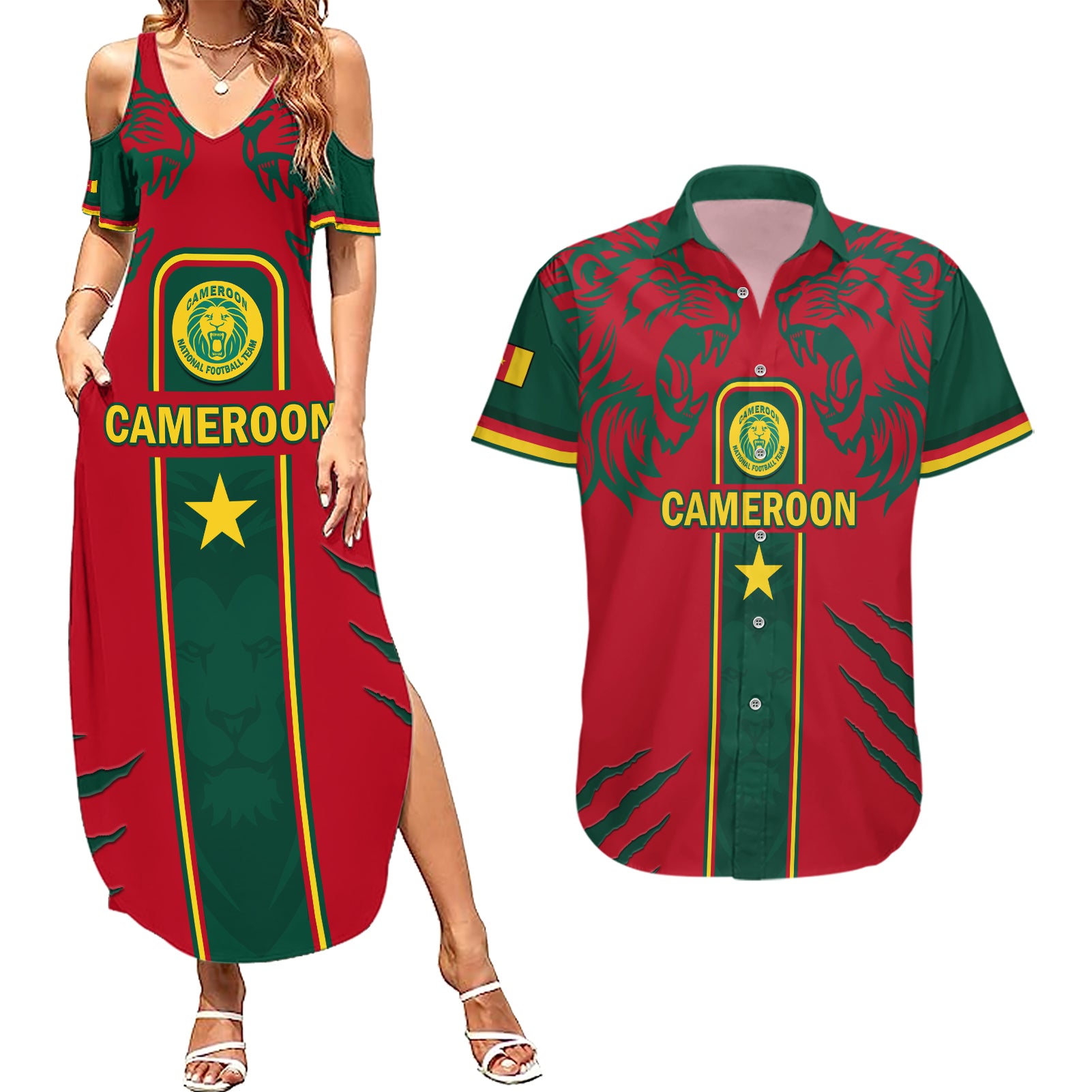 Custom Cameroon Football Couples Matching Summer Maxi Dress and Hawaiian Shirt 2024 African Nations Go Champions Lion Style