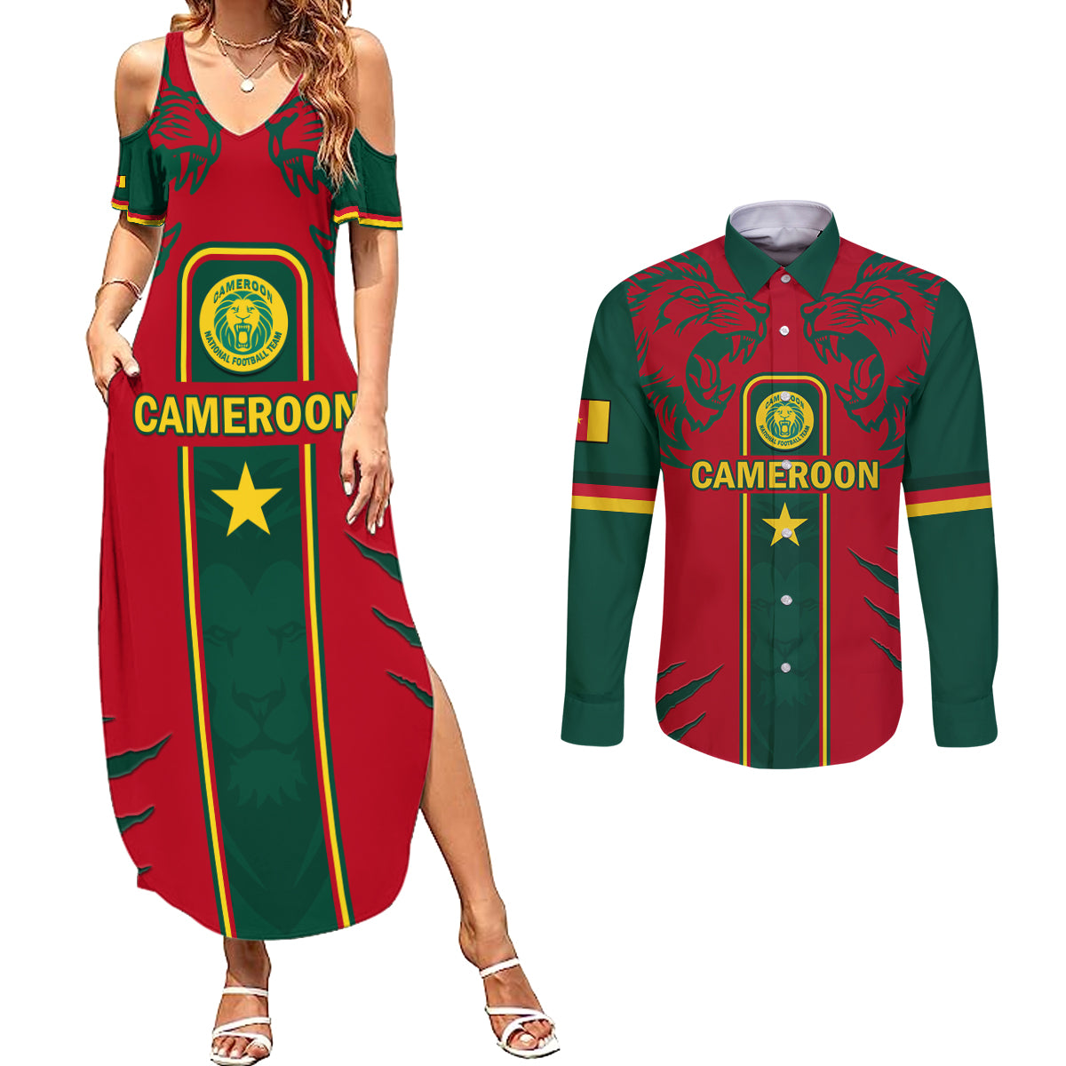 Custom Cameroon Football Couples Matching Summer Maxi Dress and Long Sleeve Button Shirt 2024 African Nations Go Champions Lion Style