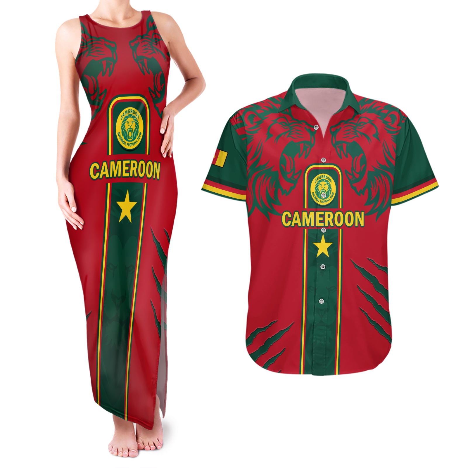 Custom Cameroon Football Couples Matching Tank Maxi Dress and Hawaiian Shirt 2024 African Nations Go Champions Lion Style