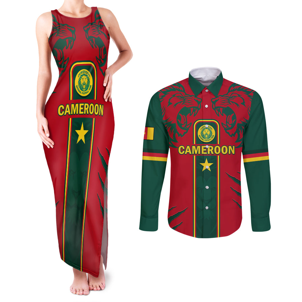 Custom Cameroon Football Couples Matching Tank Maxi Dress and Long Sleeve Button Shirt 2024 African Nations Go Champions Lion Style