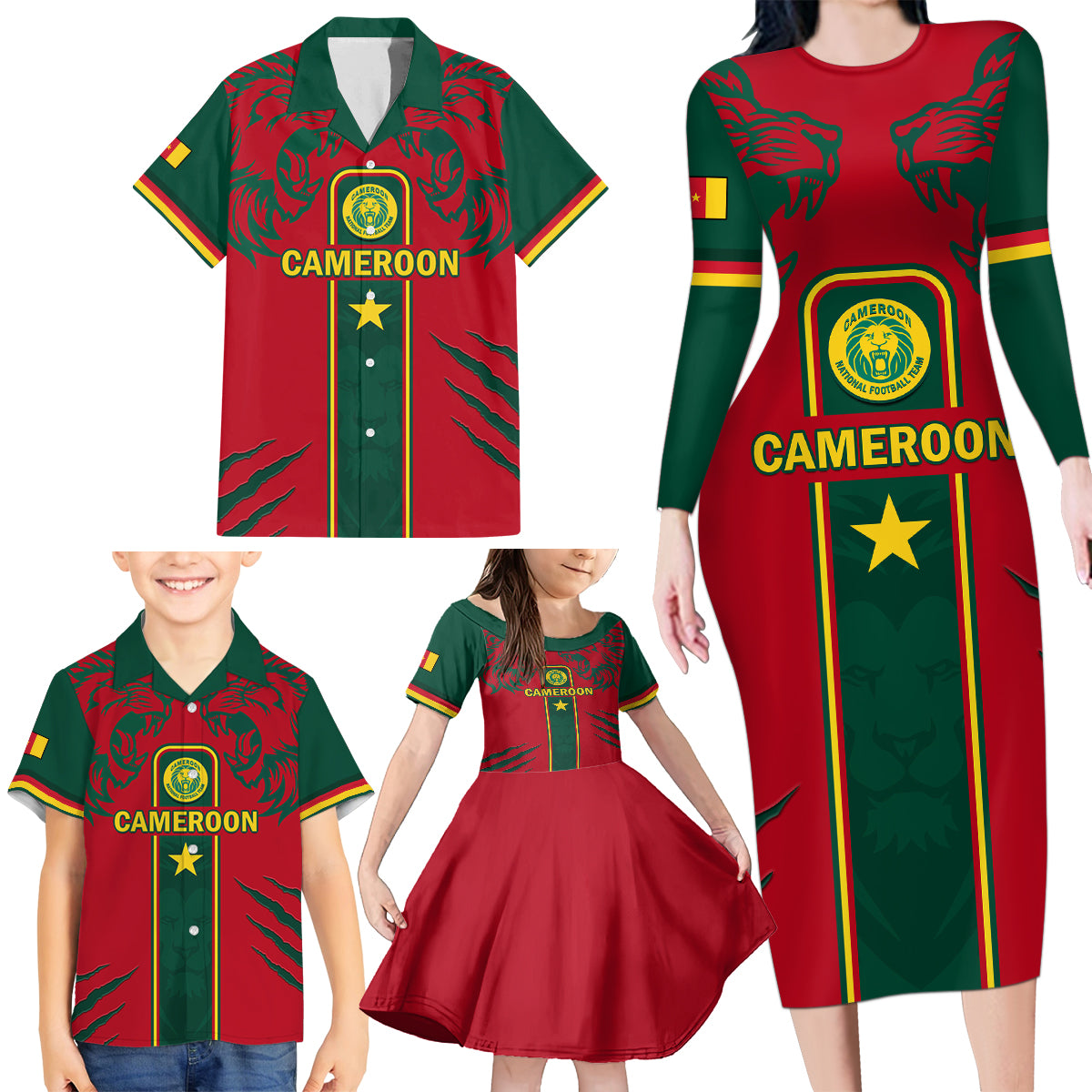 Custom Cameroon Football Family Matching Long Sleeve Bodycon Dress and Hawaiian Shirt 2024 African Nations Go Champions Lion Style - Wonder Print Shop
