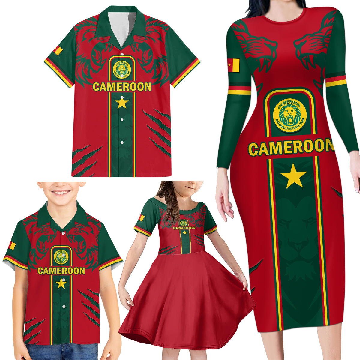 Custom Cameroon Football Family Matching Long Sleeve Bodycon Dress and Hawaiian Shirt 2024 African Nations Go Champions Lion Style