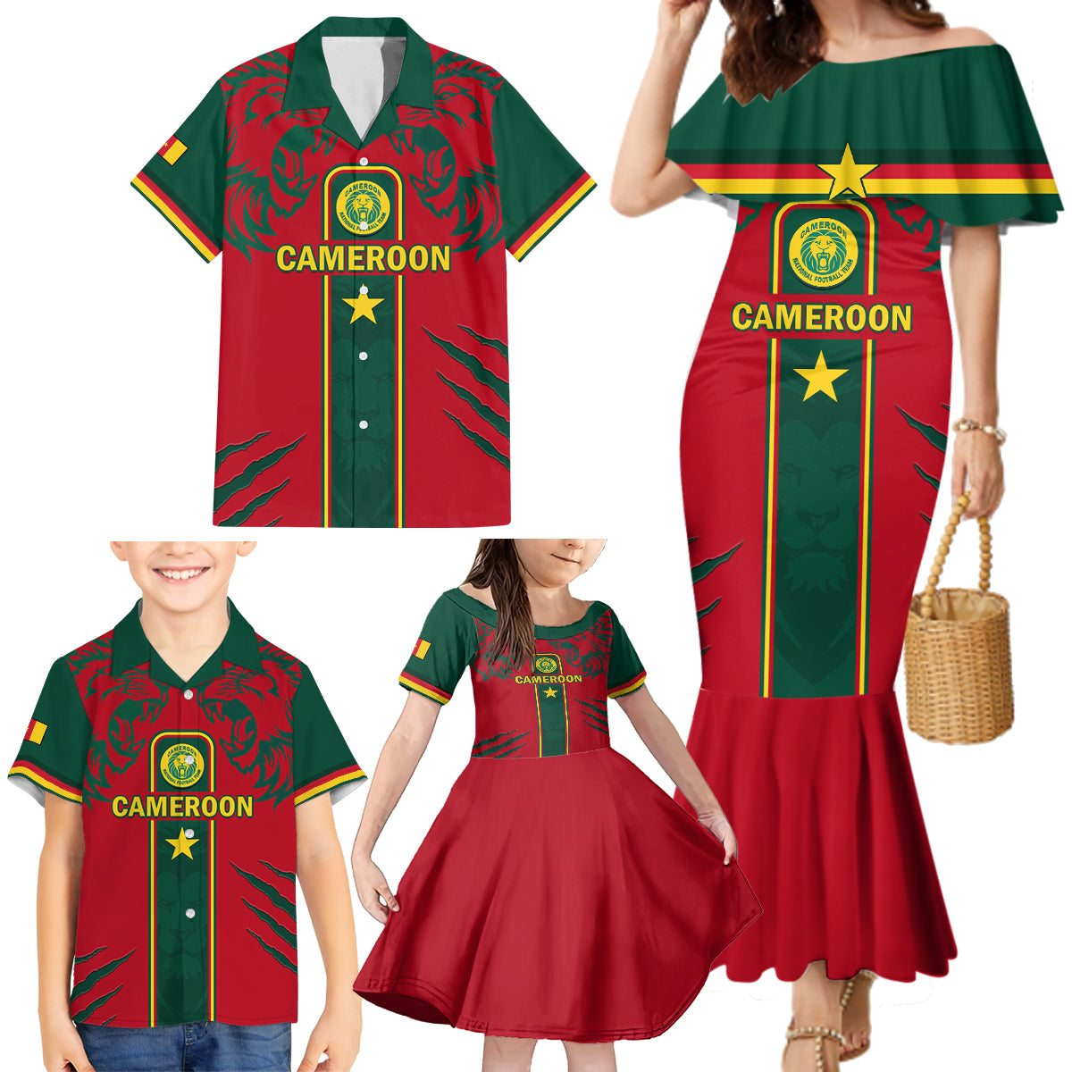 Custom Cameroon Football Family Matching Mermaid Dress and Hawaiian Shirt 2024 African Nations Go Champions Lion Style - Wonder Print Shop