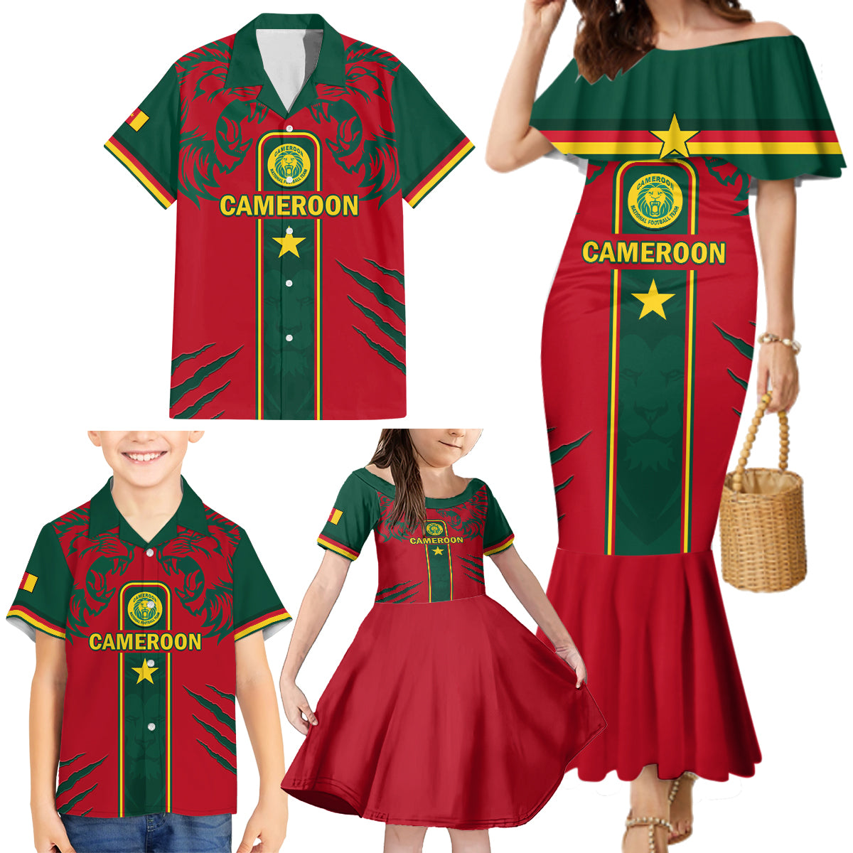 Custom Cameroon Football Family Matching Mermaid Dress and Hawaiian Shirt 2024 African Nations Go Champions Lion Style