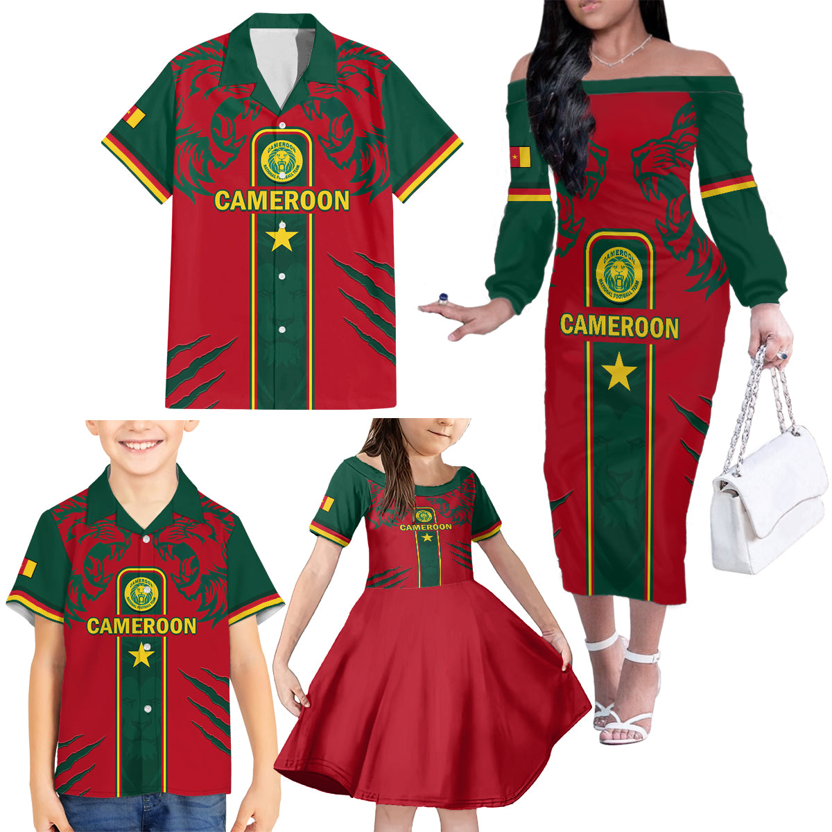 Custom Cameroon Football Family Matching Off Shoulder Long Sleeve Dress and Hawaiian Shirt 2024 African Nations Go Champions Lion Style