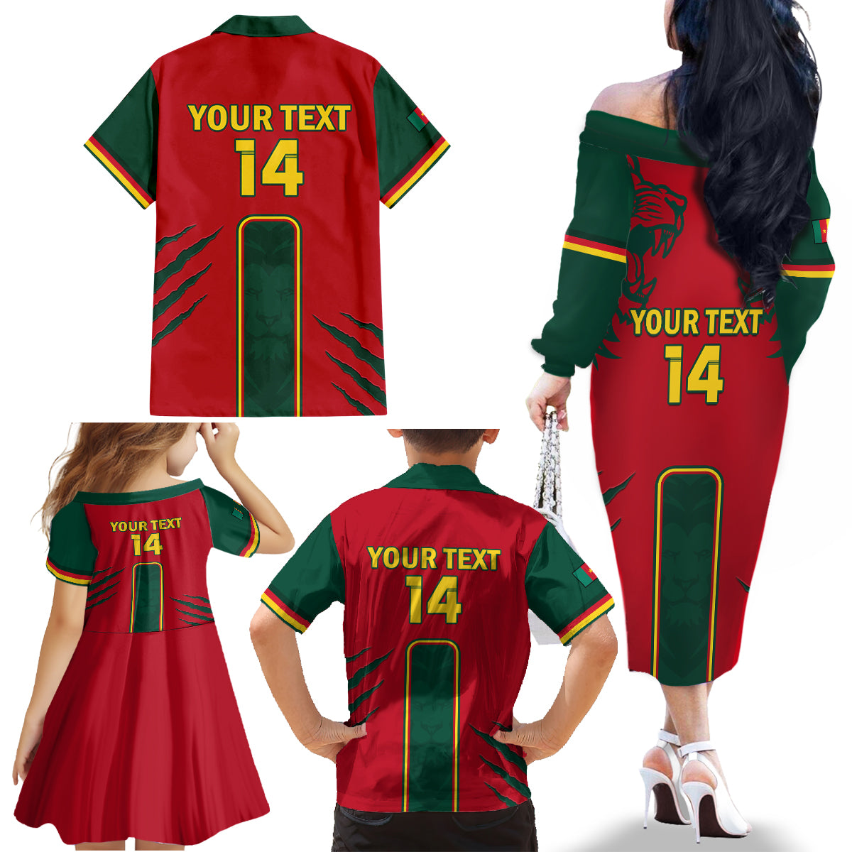 Custom Cameroon Football Family Matching Off Shoulder Long Sleeve Dress and Hawaiian Shirt 2024 African Nations Go Champions Lion Style - Wonder Print Shop