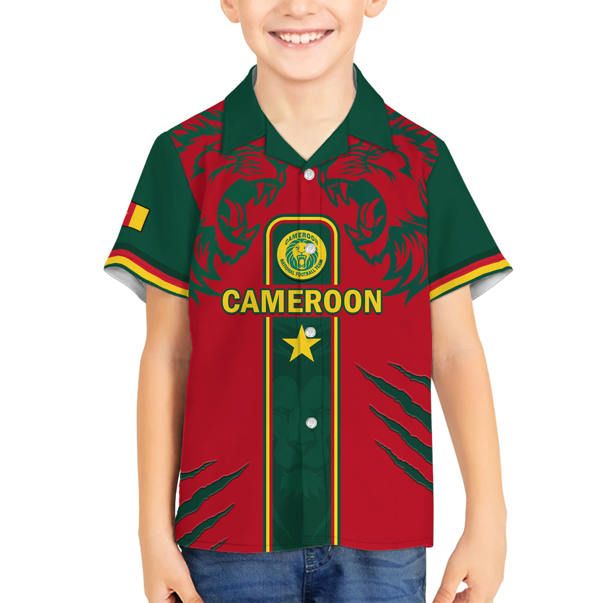 Custom Cameroon Football Family Matching Off Shoulder Long Sleeve Dress and Hawaiian Shirt 2024 African Nations Go Champions Lion Style - Wonder Print Shop
