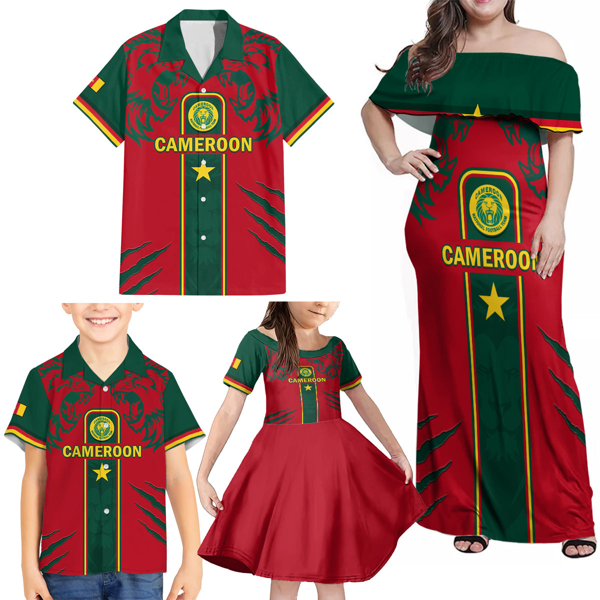 Custom Cameroon Football Family Matching Off Shoulder Maxi Dress and Hawaiian Shirt 2024 African Nations Go Champions Lion Style - Wonder Print Shop