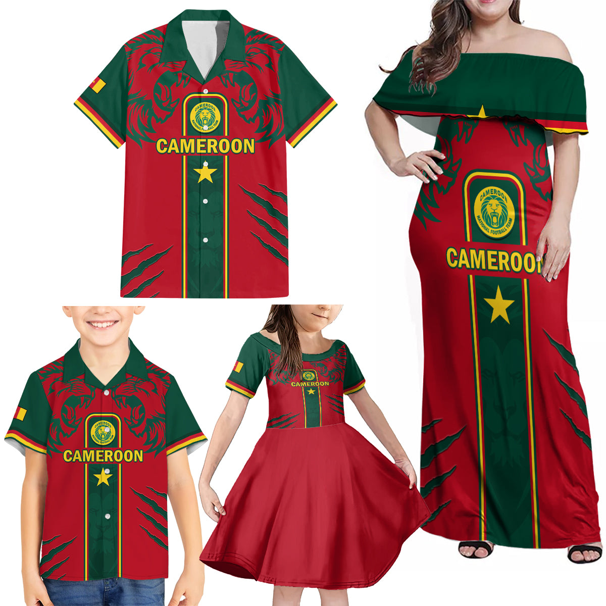 Custom Cameroon Football Family Matching Off Shoulder Maxi Dress and Hawaiian Shirt 2024 African Nations Go Champions Lion Style