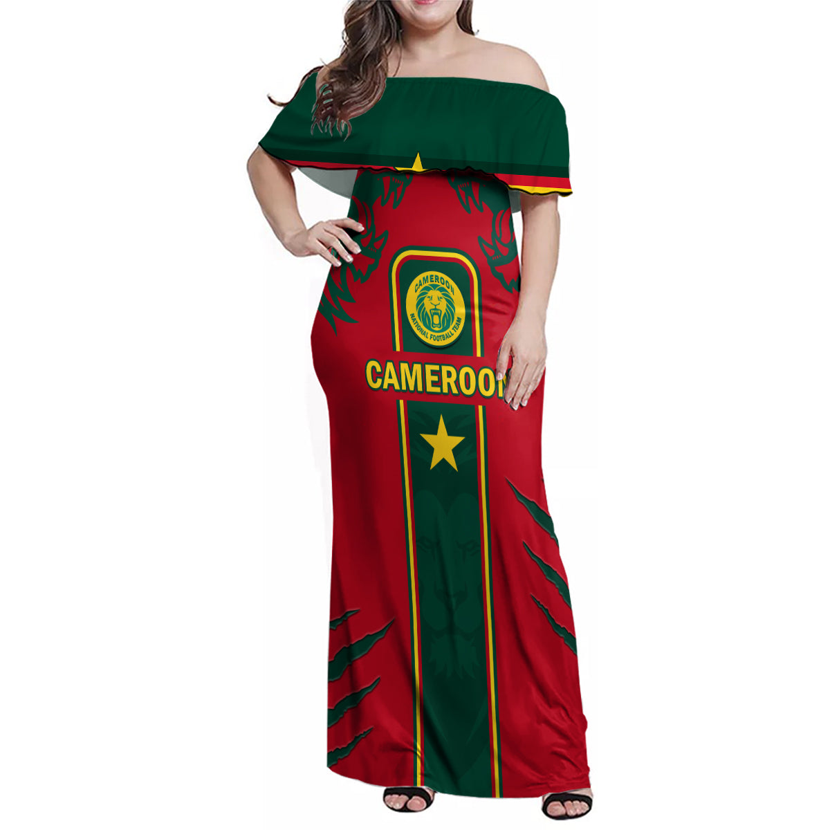 Custom Cameroon Football Family Matching Off Shoulder Maxi Dress and Hawaiian Shirt 2024 African Nations Go Champions Lion Style - Wonder Print Shop