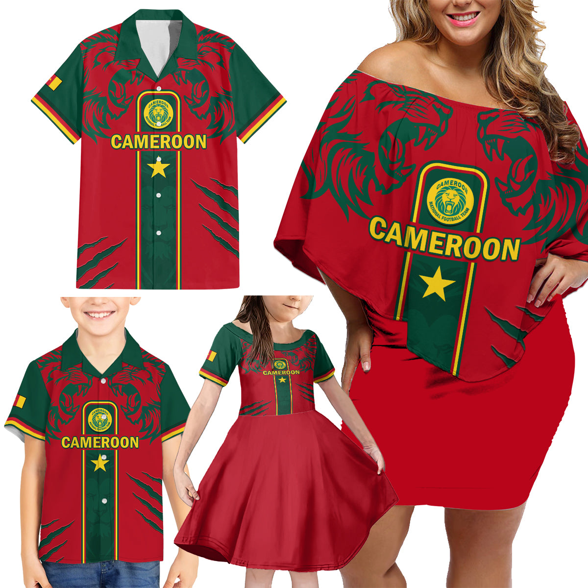 Custom Cameroon Football Family Matching Off Shoulder Short Dress and Hawaiian Shirt 2024 African Nations Go Champions Lion Style