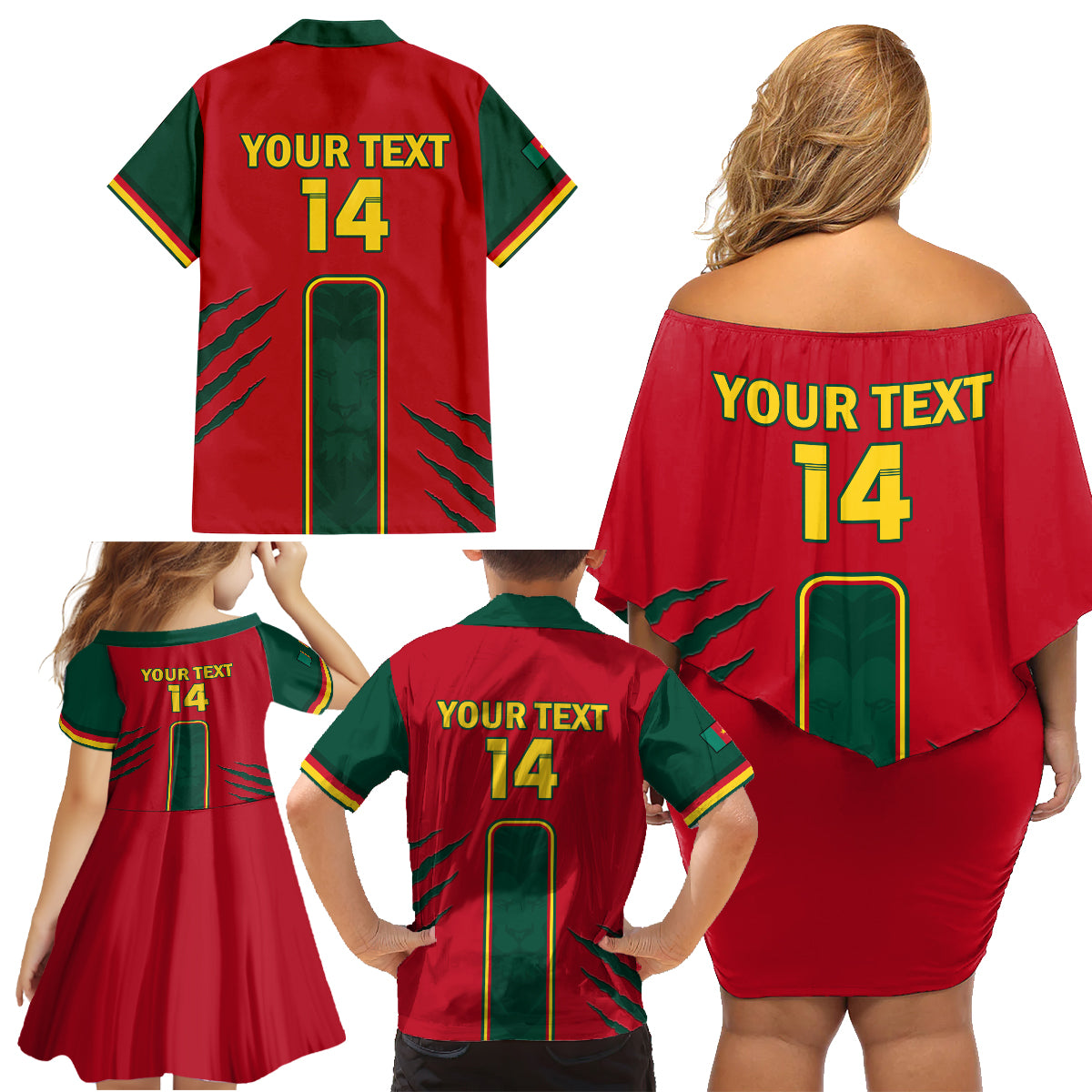 Custom Cameroon Football Family Matching Off Shoulder Short Dress and Hawaiian Shirt 2024 African Nations Go Champions Lion Style - Wonder Print Shop