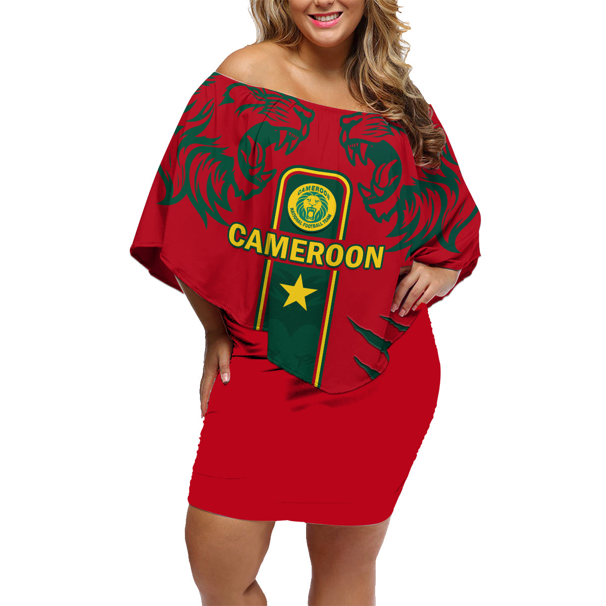 Custom Cameroon Football Family Matching Off Shoulder Short Dress and Hawaiian Shirt 2024 African Nations Go Champions Lion Style - Wonder Print Shop