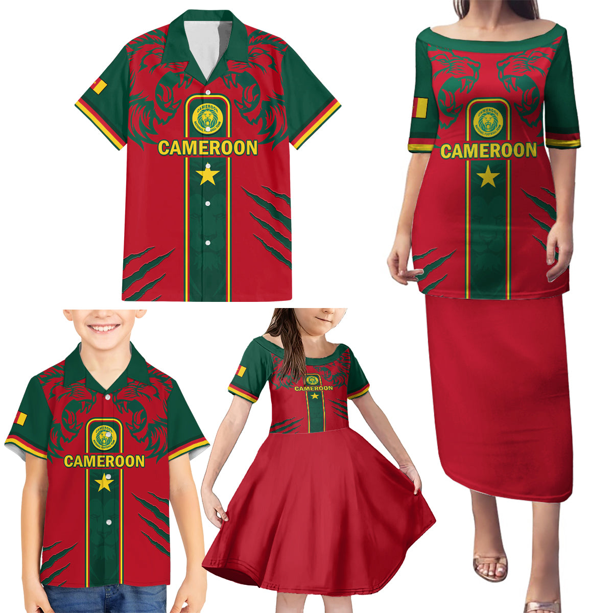 Custom Cameroon Football Family Matching Puletasi and Hawaiian Shirt 2024 African Nations Go Champions Lion Style - Wonder Print Shop