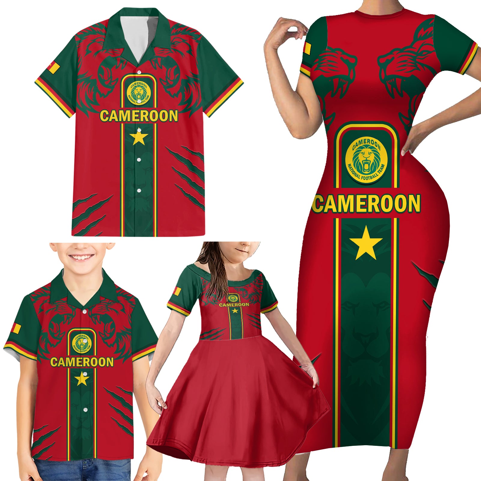 Custom Cameroon Football Family Matching Short Sleeve Bodycon Dress and Hawaiian Shirt 2024 African Nations Go Champions Lion Style