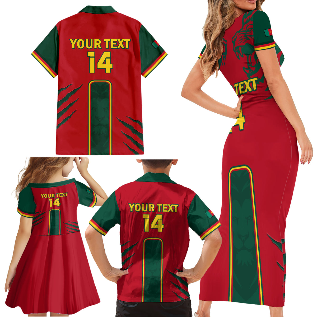 Custom Cameroon Football Family Matching Short Sleeve Bodycon Dress and Hawaiian Shirt 2024 African Nations Go Champions Lion Style - Wonder Print Shop