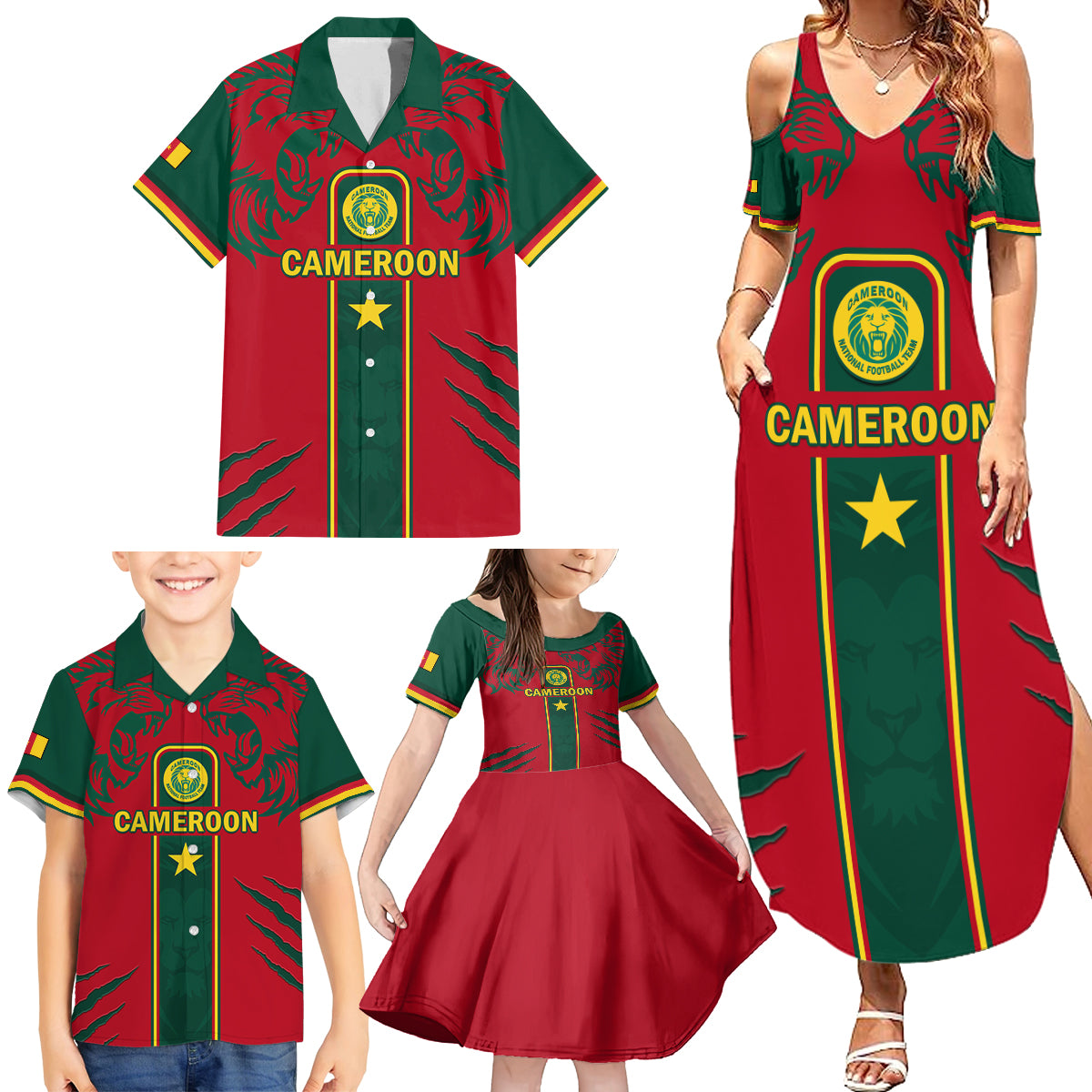 Custom Cameroon Football Family Matching Summer Maxi Dress and Hawaiian Shirt 2024 African Nations Go Champions Lion Style - Wonder Print Shop