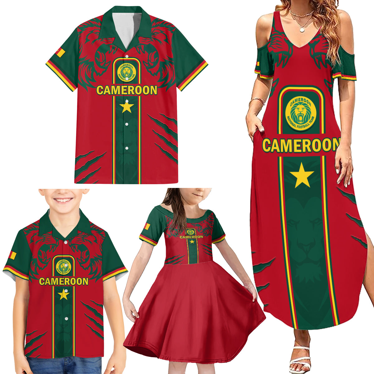 Custom Cameroon Football Family Matching Summer Maxi Dress and Hawaiian Shirt 2024 African Nations Go Champions Lion Style