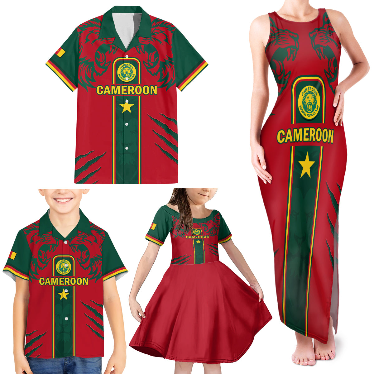 Custom Cameroon Football Family Matching Tank Maxi Dress and Hawaiian Shirt 2024 African Nations Go Champions Lion Style
