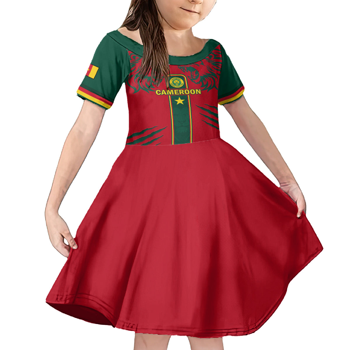 Custom Cameroon Football Kid Short Sleeve Dress 2024 African Nations Go Champions Lion Style - Wonder Print Shop