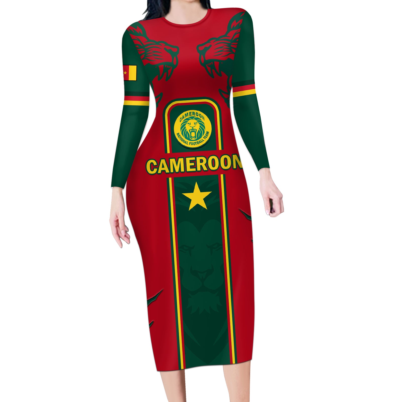 Custom Cameroon Football Long Sleeve Bodycon Dress 2024 African Nations Go Champions Lion Style