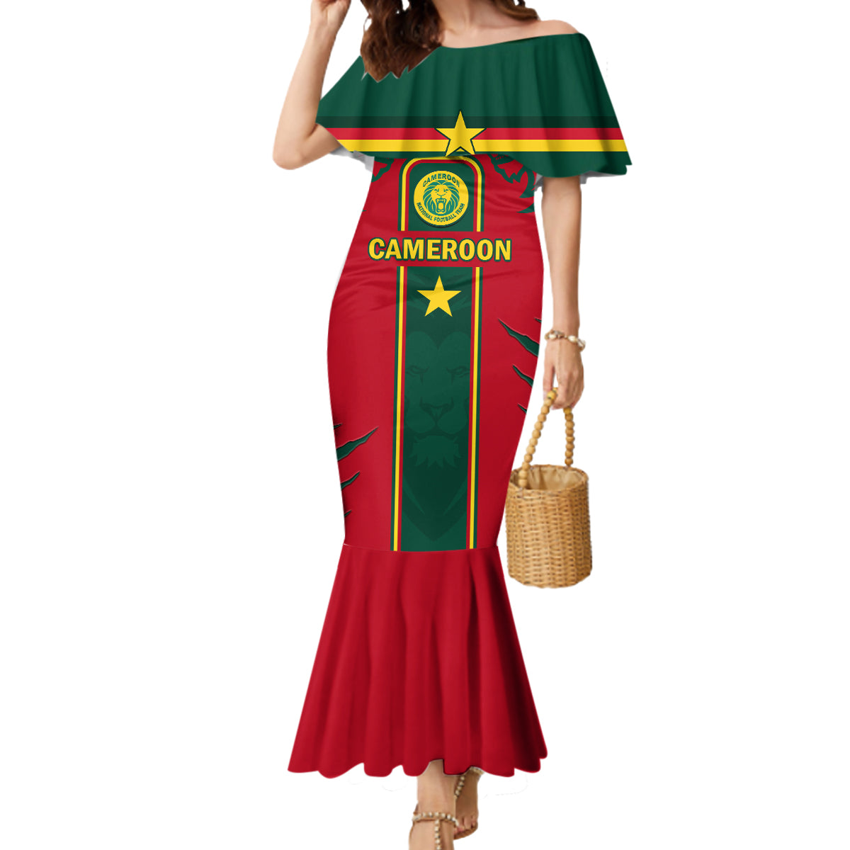 Custom Cameroon Football Mermaid Dress 2024 African Nations Go Champions Lion Style