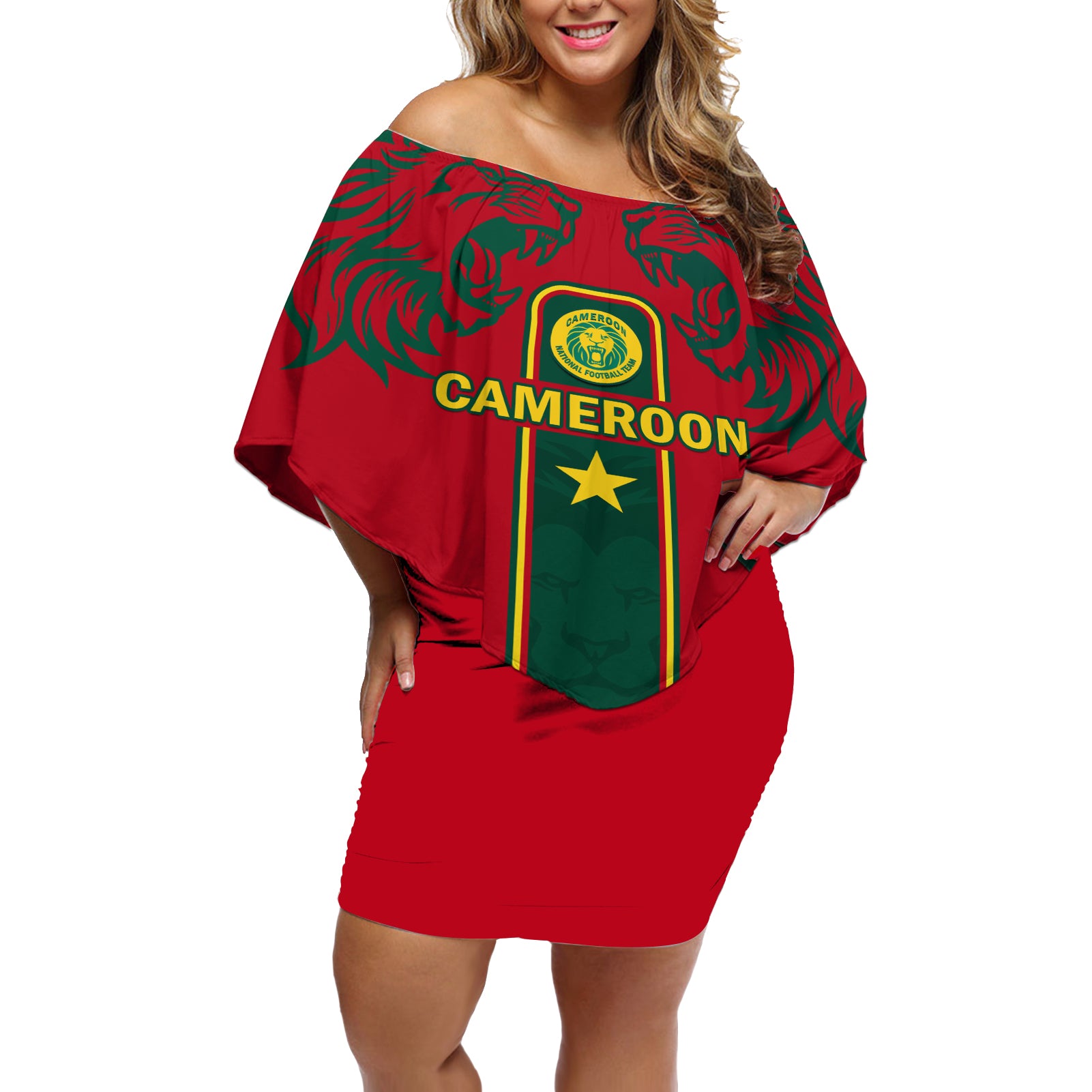 Custom Cameroon Football Off Shoulder Short Dress 2024 African Nations Go Champions Lion Style