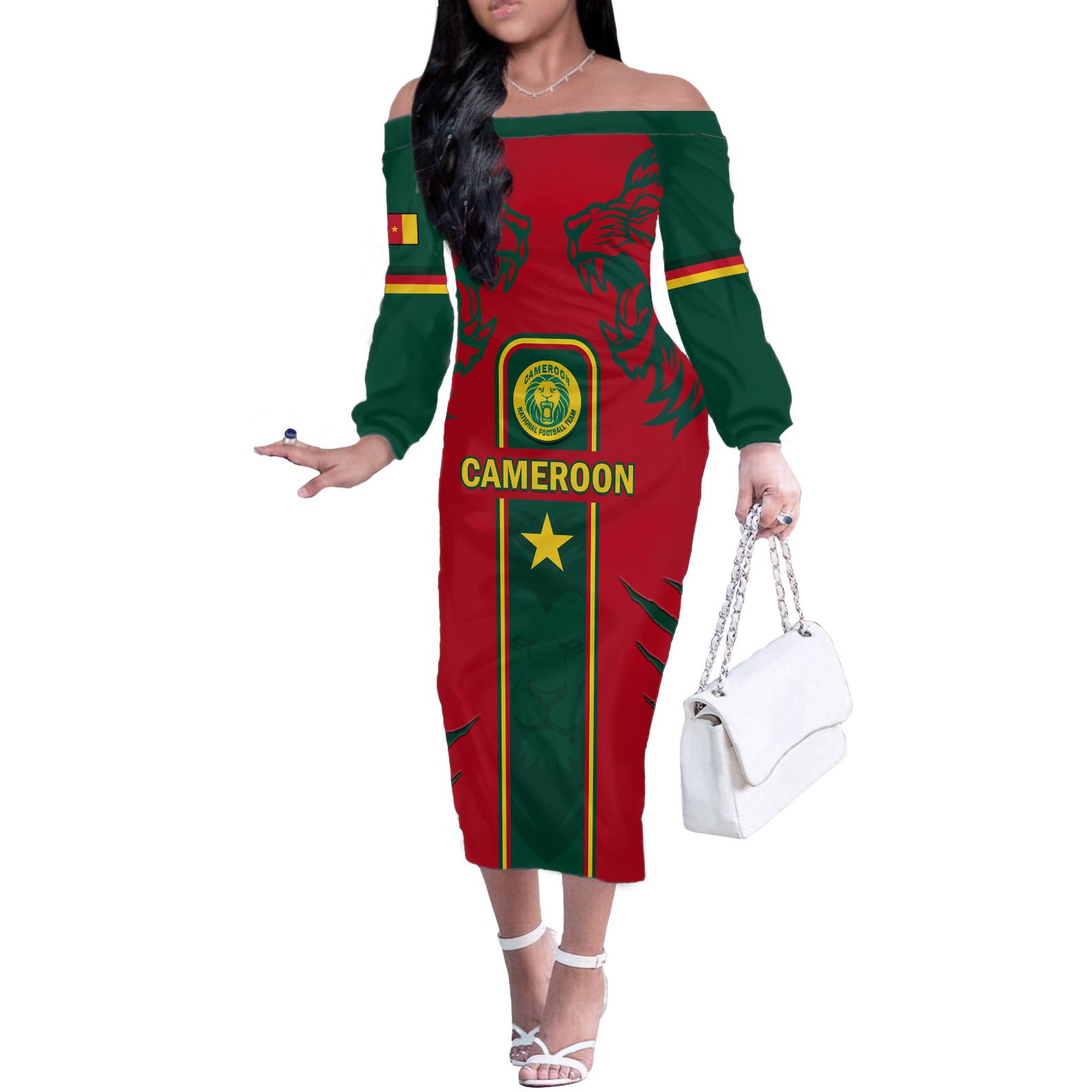 Custom Cameroon Football Off The Shoulder Long Sleeve Dress 2024 African Nations Go Champions Lion Style
