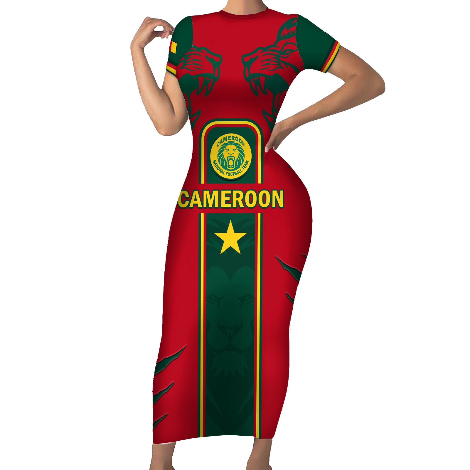 Custom Cameroon Football Short Sleeve Bodycon Dress 2024 African Nations Go Champions Lion Style