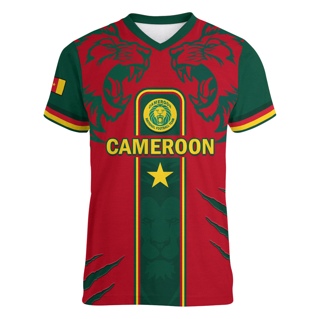 Custom Cameroon Football Women V Neck T Shirt 2024 African Nations Go Champions Lion Style