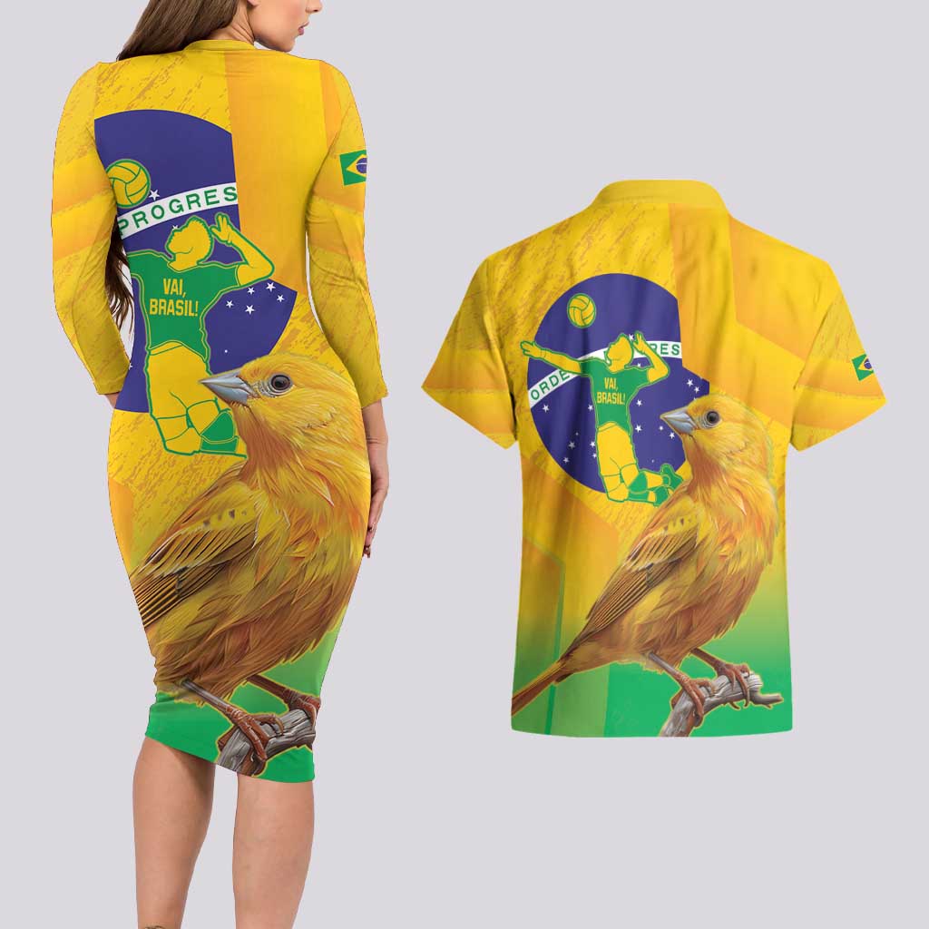 Brasil Volleyball Couples Matching Long Sleeve Bodycon Dress and Hawaiian Shirt Go Champions Canario-da-terra