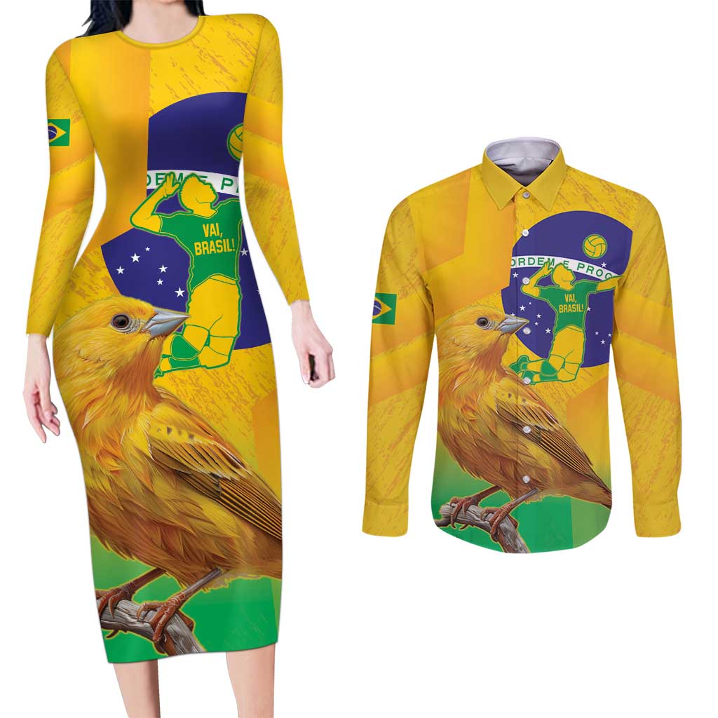 Brasil Volleyball Couples Matching Long Sleeve Bodycon Dress and Long Sleeve Button Shirt Go Champions Canario-da-terra
