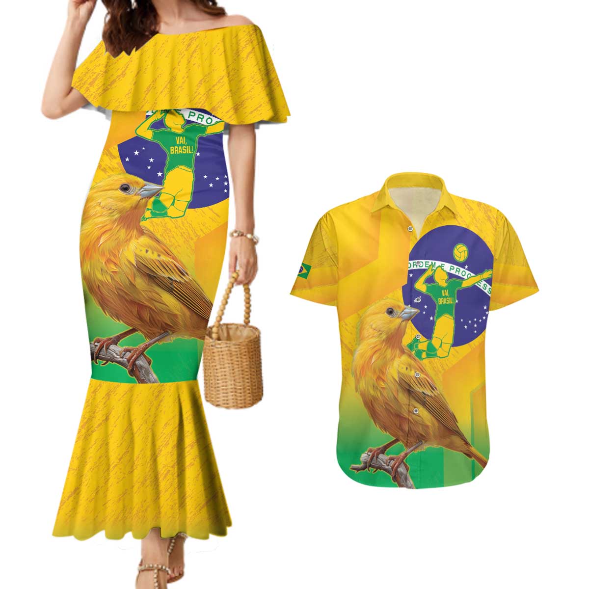 Brasil Volleyball Couples Matching Mermaid Dress and Hawaiian Shirt Go Champions Canario-da-terra
