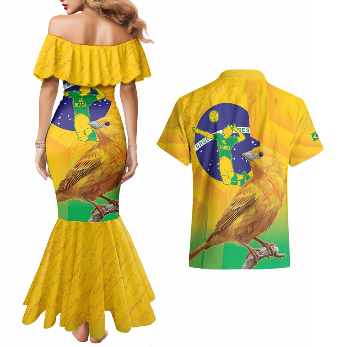 Brasil Volleyball Couples Matching Mermaid Dress and Hawaiian Shirt Go Champions Canario-da-terra