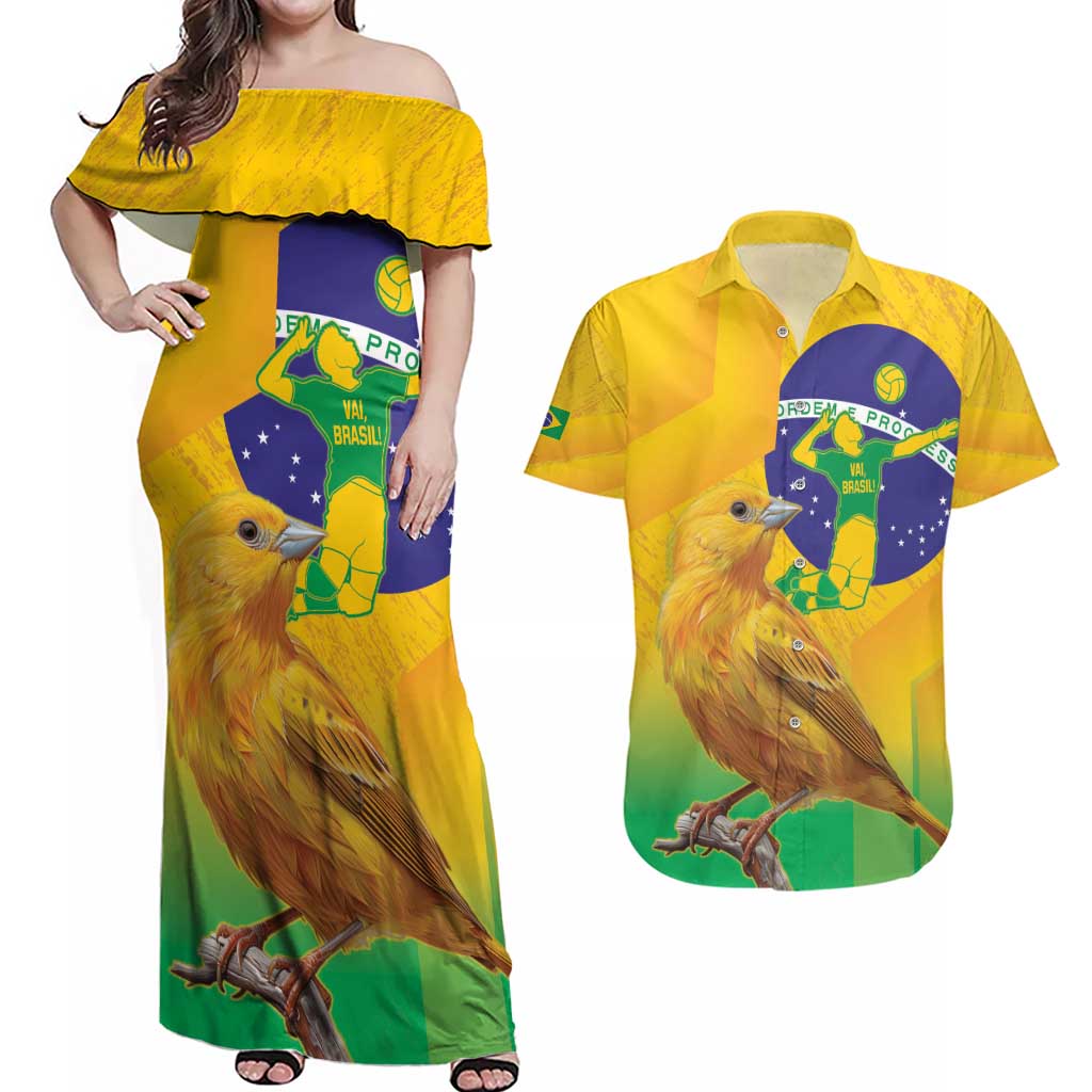 Brasil Volleyball Couples Matching Off Shoulder Maxi Dress and Hawaiian Shirt Go Champions Canario-da-terra