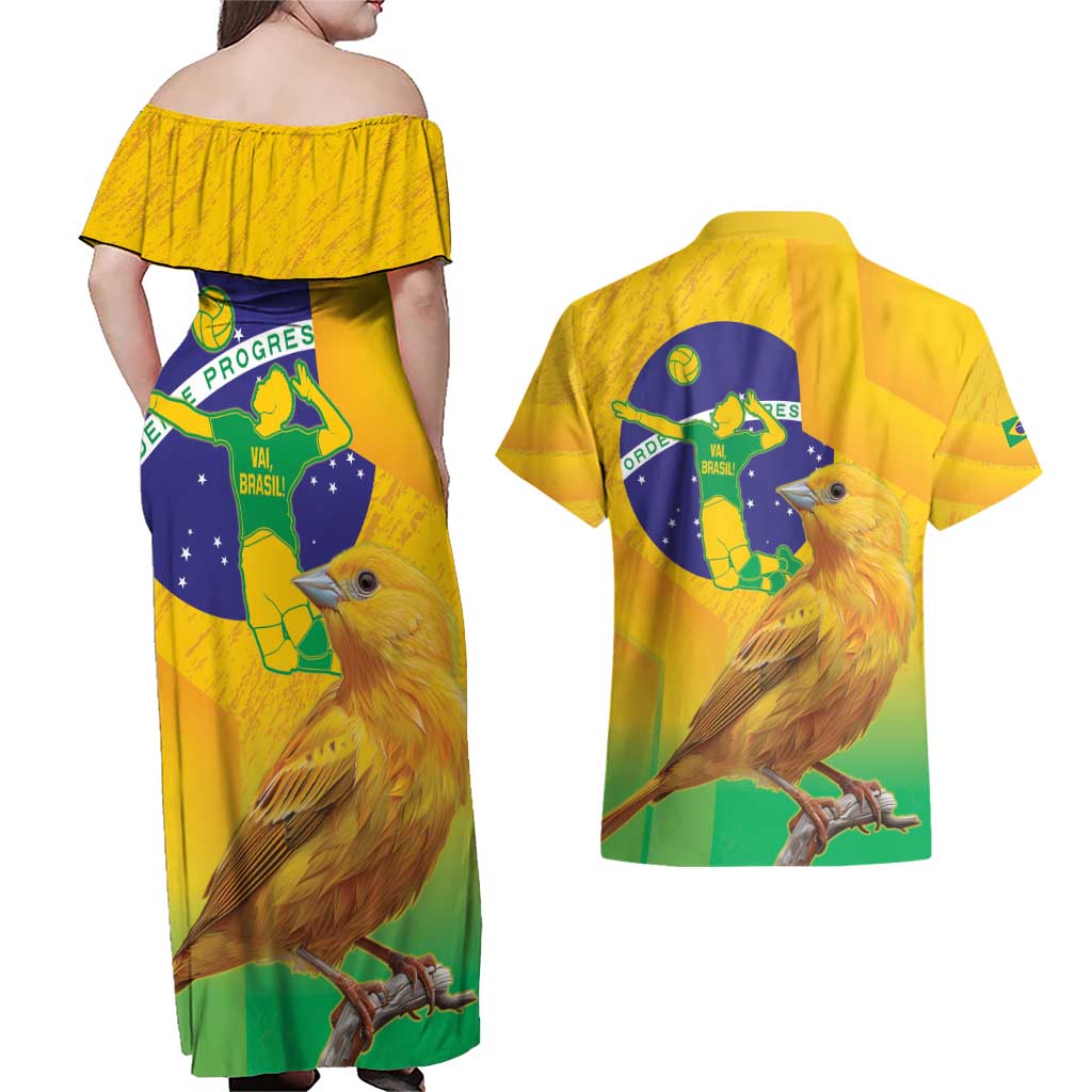 Brasil Volleyball Couples Matching Off Shoulder Maxi Dress and Hawaiian Shirt Go Champions Canario-da-terra
